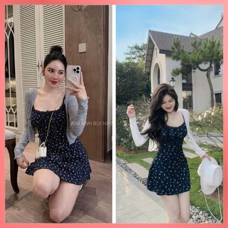  Set đầm 2 dây họa tiết hoa nhí viền ren chất mango có quần kèm khoác ngoài đáng iu cho nàng chụp ảnh váy nữ thiết kế 