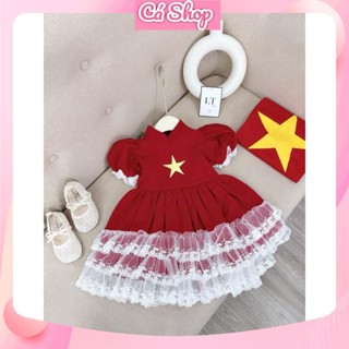 Q6, Váy đầm đỏ ngôi sao vàng ren tầng cho bé gái mặc dịp quốc khánh 2/9