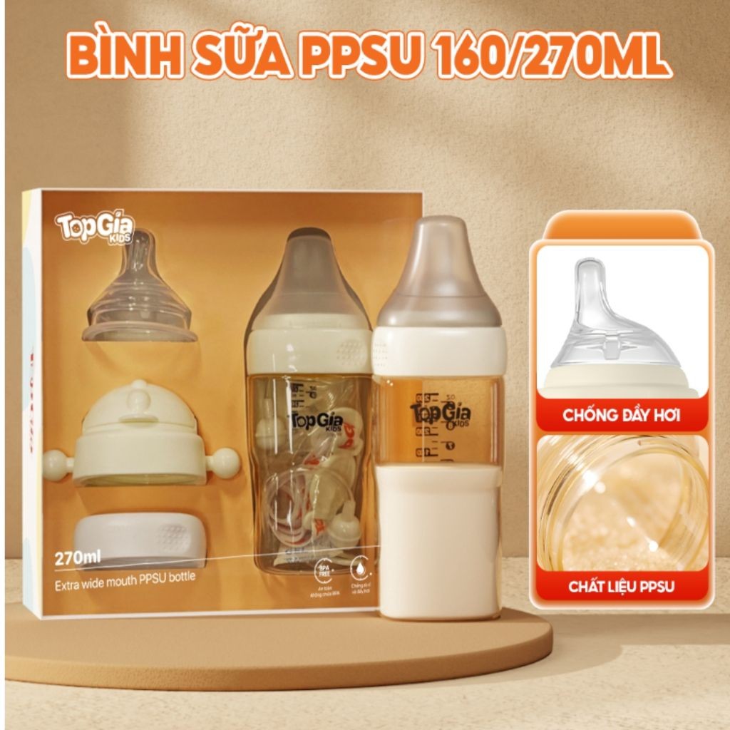 Bình sữa PPSU TOPGIAKIDS đa năng cho bé từ 0 tháng, dung tích 160/180/270ml, ống hút silicon an toàn