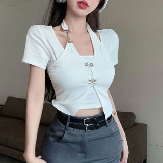 Thiết Kế Nút Bướm Áo Thun Tay Ngắn Nữ Mùa Hè Nguyên Chất Desire Phong Cách Ôm Vừa Vặn Mỏng Hơn Nhìn Rốn Nóng Cô Gái Giả Hai Mảnh H
