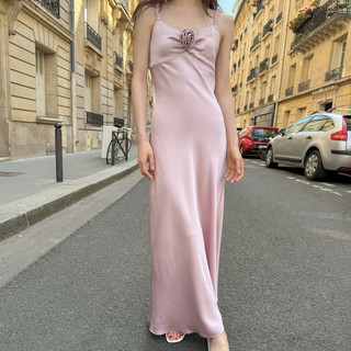 Phong Cách Pháp ~ Mùa Hè Tính Khí Thanh Lịch Hoa Sang Trọng Slim-fit Satin Bóng Gợi Cảm Váy Dài Nữ 2 Màu!