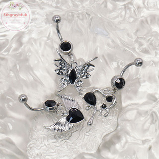 Sthb Thời Trang Đen Zircon Trái Tim Cánh Bướm Bụng Nút Nhẫn Dành Cho Nữ Trang Sức Cơ Thể Thép Không Gỉ Bụng Nút Nhẫn VN