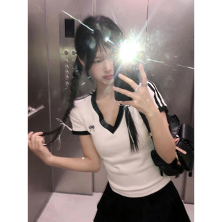 Cotton Nguyên Chất Phong Cách Hàn Quốc Cổ Chữ V Trắng Chính Hãng Vai Ngắn Tay Nữ Mùa Hè Slim-fit Nẹp Eo Ngọt Ngào Cô Gái Ngắn Top