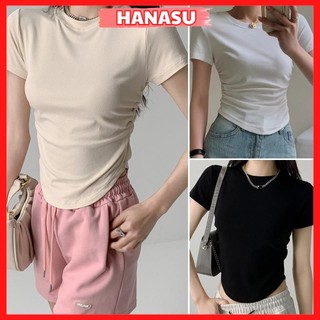 Áo kiểu nữ cổ tròn thiết kế rúm eo vạt tròn chất liệu thun tăm áo thun nữ nhún eo dáng ôm cá tính A333 HANASU