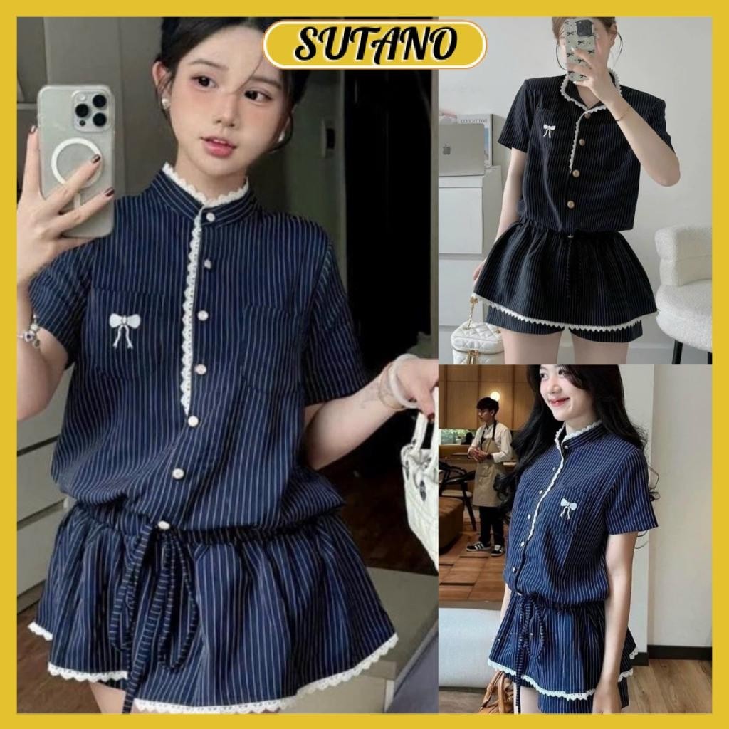 Set jumpsuit nữ cộc tay cổ tàu cúc đồng đính viền ren kèm quần váy kẻ cổ tàu phối nơ có túi ngực xinh B862 SUTANO