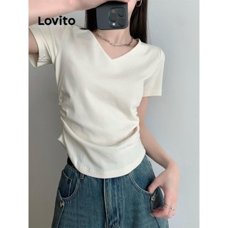 Áo thun Lovito xếp nếp màu trơn phong cách thường ngày cho nữ LNE56122