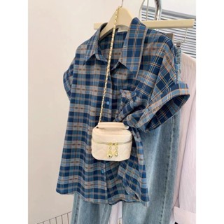 Áo Sơ Mi Ngắn Tay Kẻ Caro màu xanh cổ điển phong cách Hồng Kông 2024 áo khoác áo sơ mi Cardigan thân hình nhỏ mẫu mới mùa hè cho nữ