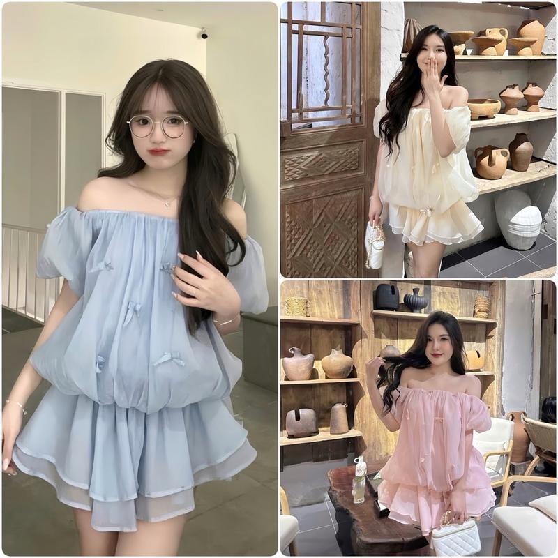 Áo Trễ Vai Tơ Xốp Bèo 2 Tầng Tay Phồng Bí Ngô