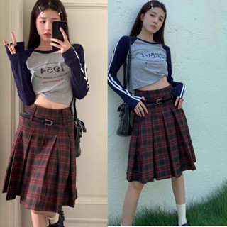  Bán Nóng! Váy dài cá tính F & X Váy Xếp Ly jk họa tiết ca rô phong cách học đường cổ điển kiểu Mỹ cho nữ váy nửa kẻ sọc màu đỏ Xuân Hè cỡ lớn Chân váy dáng dài vừa 