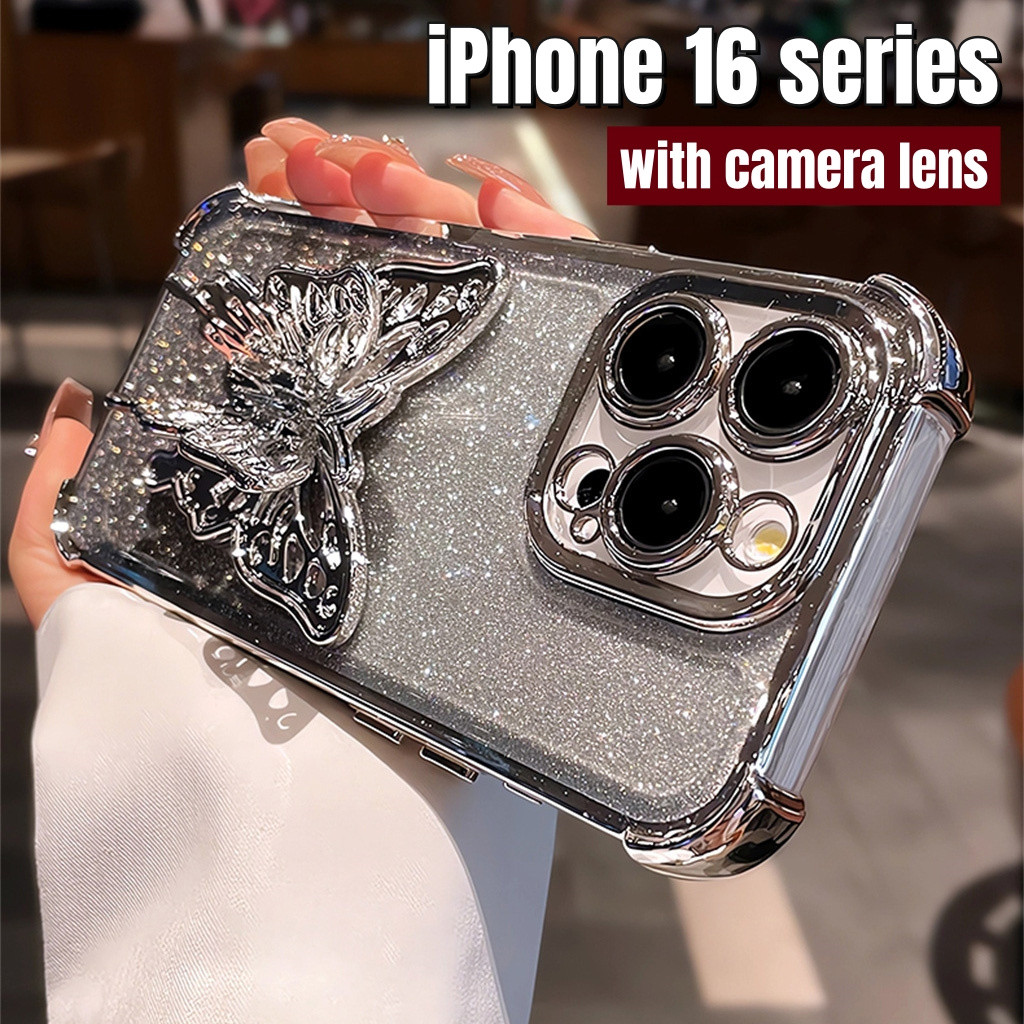 Ốp lưng chống sốc acrylic mạ iphone 16 pro max plus ốp lưng iphone 12 13 pro max ốp lưng iphone 11 14 15 pro max ốp lưng ống kính máy ảnh sang trọng nhấp nháy bướm đứng