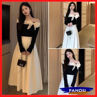 Set áo trễ vai dài tay mix chân váy midi set áo len tăm nơ bên phối chân váy xếp ly dáng dài sang chảnh B412 PANOSI