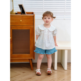 Áo Bé Gái CARROT Cổ Sen Họa Tiết Nơ Xanh Chất Liệu Thô Cotton Thoáng Mát Thấm Hút Mồ Hôi