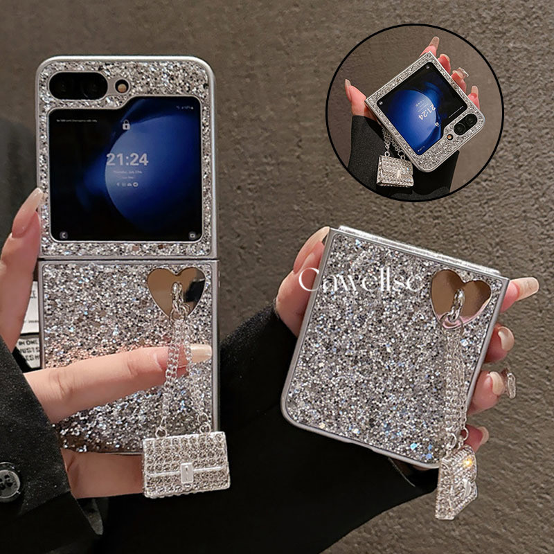 Ốp điện thoại họa tiết kim cương lấp lánh sang trọng dành cho Samsung Galaxy Z Flip 6 Z Flip 5 Z Flip 4 Z Flip 3 có giá treo kim cương Slim Hard PC Ốp điện thoại chống sốc