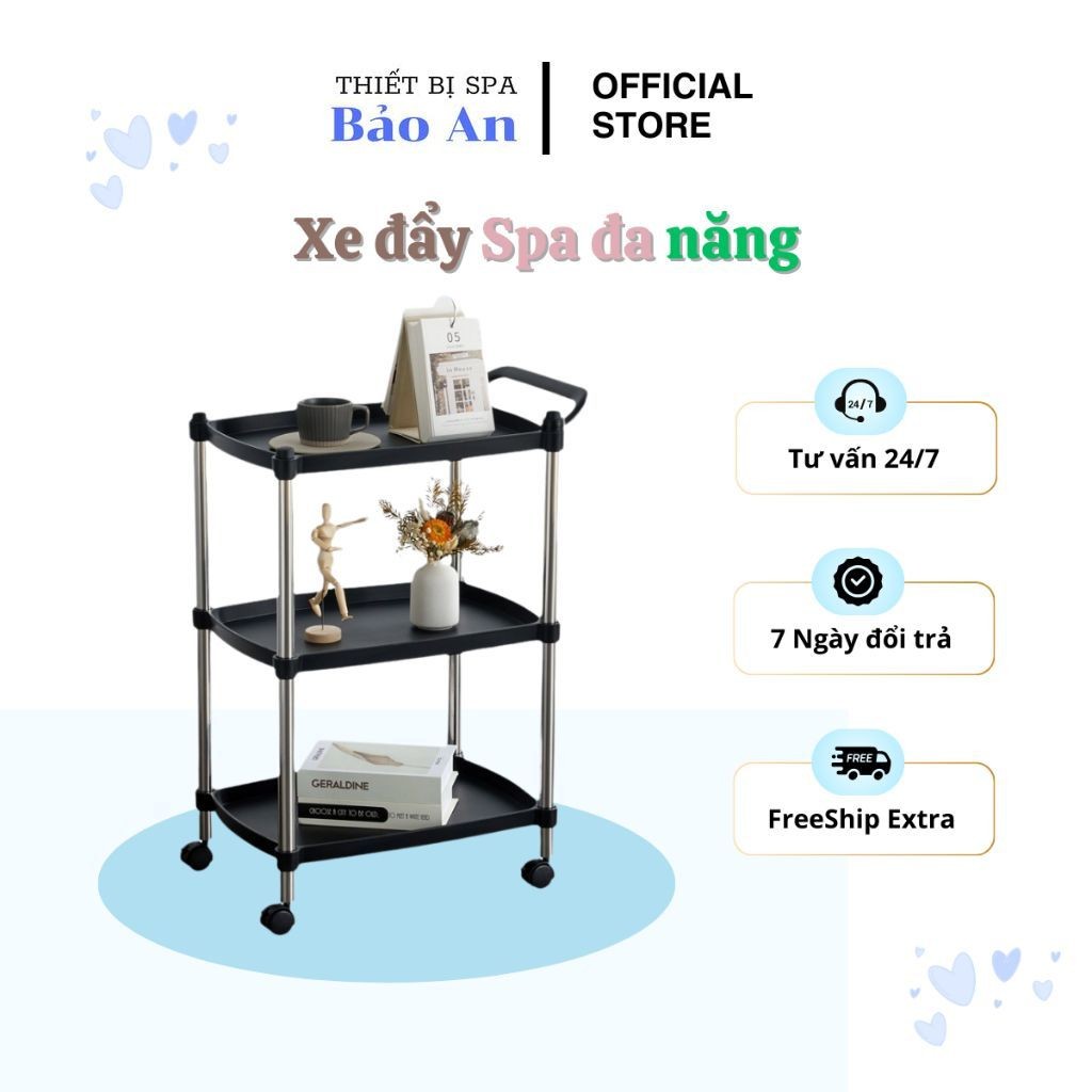 Xe Đẩy Spa Ba Tầng, Xe Đẩy Nhựa Trụ Gỗ Ba Tầng, Kệ Nail Mi Móng Tóc, BT Company. Xe Đẩy Sp Cao Cấp