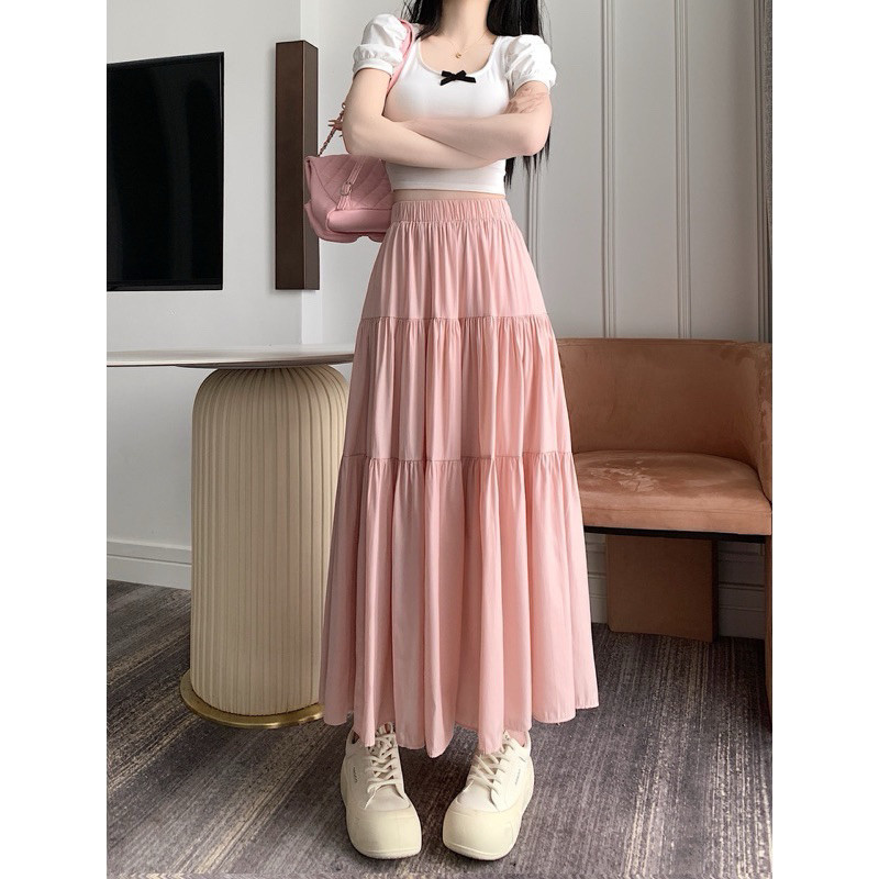 Chân váy dài qua gối xếp ly chất liệu voan tơ 3 tầng, chân váy xoè 2 lớp