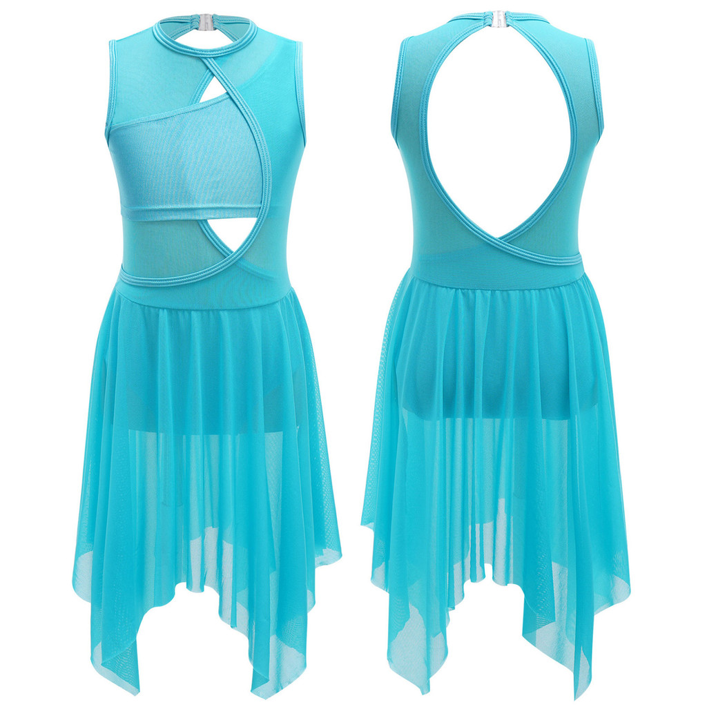 Czx - Kid Girls Lyrical Modern Contemporary Dancewear Không Tay Cắt Lưới Trước Váy Hi-Low