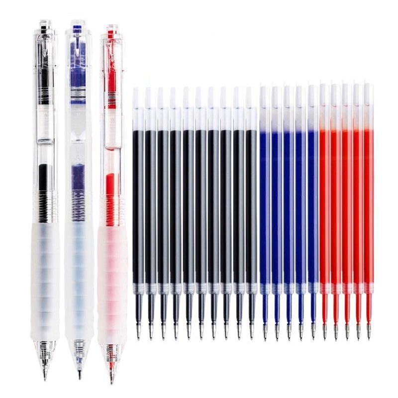 Bộ Bút Gel, 3 Bút + 20 Nạp, Mực Đen, Xanh Dương Và Đỏ 0.5Mm, Bút Bấm Tay Cầm Mềm, Viết Trong Suốt Và