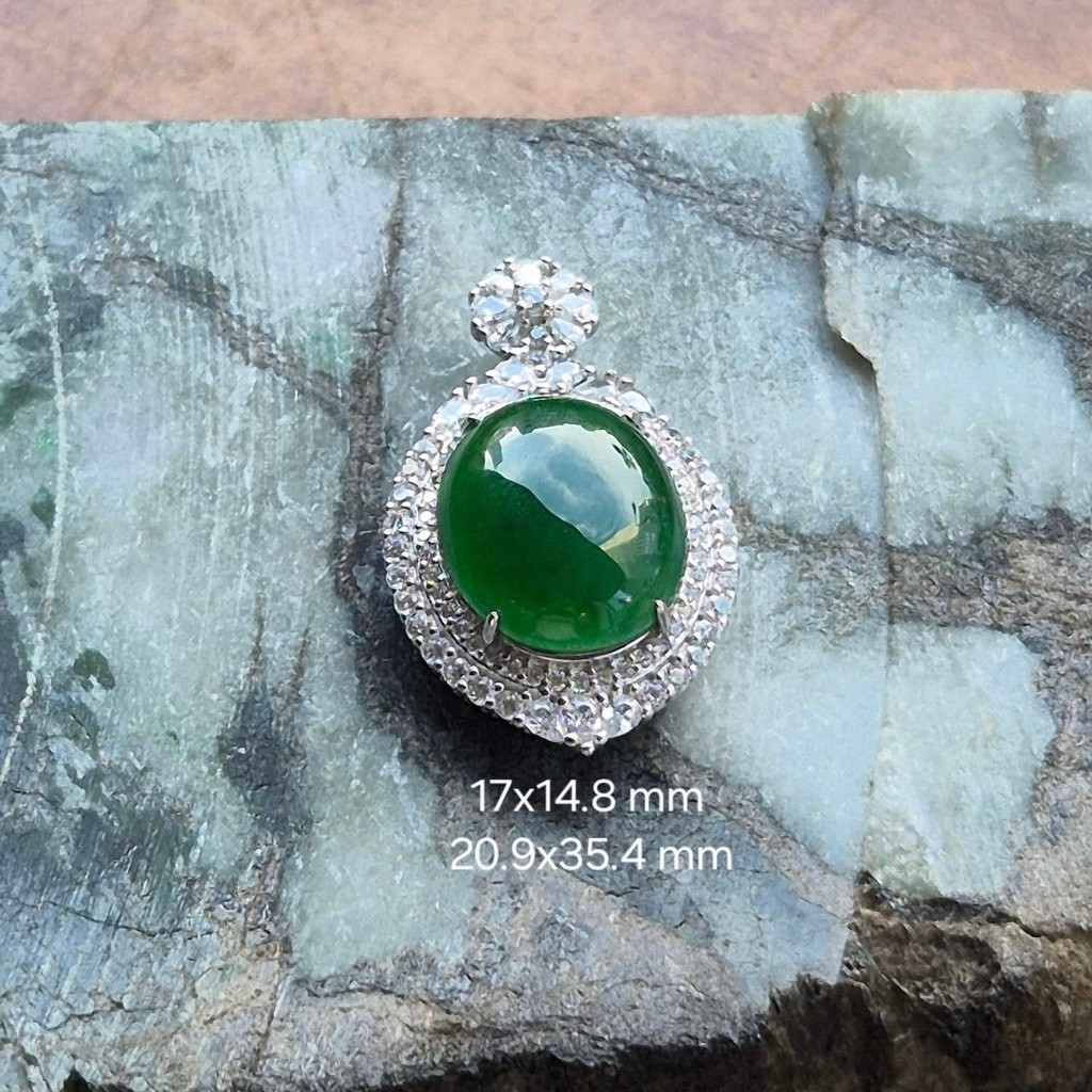 Mặt dây bạc S925. Viên chủ ngọc cẩm thạch Gua xanh cay, xanh sâu thăm thẳm