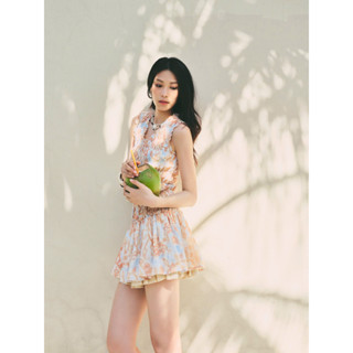 [DEZUS] Đầm Ôm Body Nhún Thân Họa Tiết Cam Trắng Dáng Xòe Tôn Dáng -  LIMSE DRESS - Y3SW250506