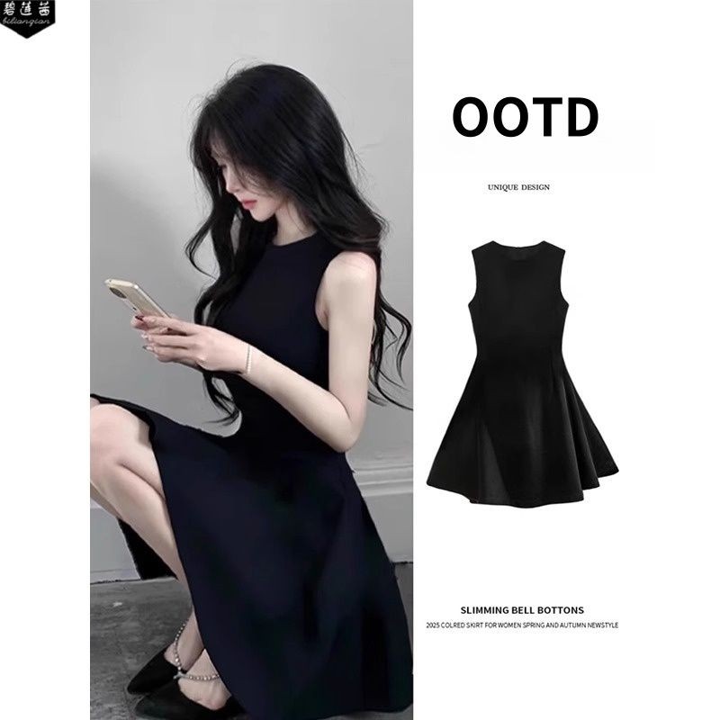 Bilianqian Đầm Đen Phong Cách Hepburn Không Tay Kikyo Đầm Đen Nhỏ Phong Cách Ngắn 2025 Cao Khô Váy N
