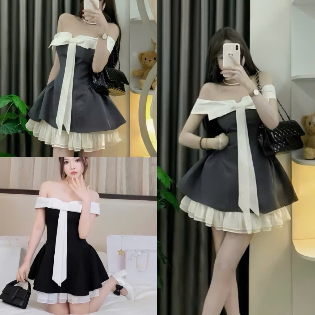 Váy trễ vai cúp ngực nơ trắng to kèm chân váy voan xoè bồng tiểu thư, Đầm nữ xoè trễ vai đi chơi dự 