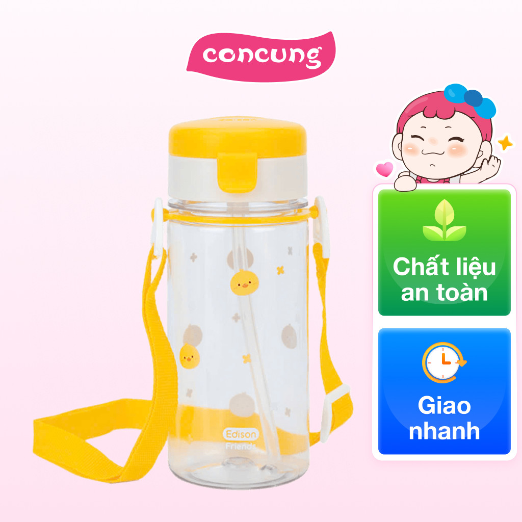 Bình tập uống ống hút chống tràn ecozen Edison (350ml, dây đeo, vàng)