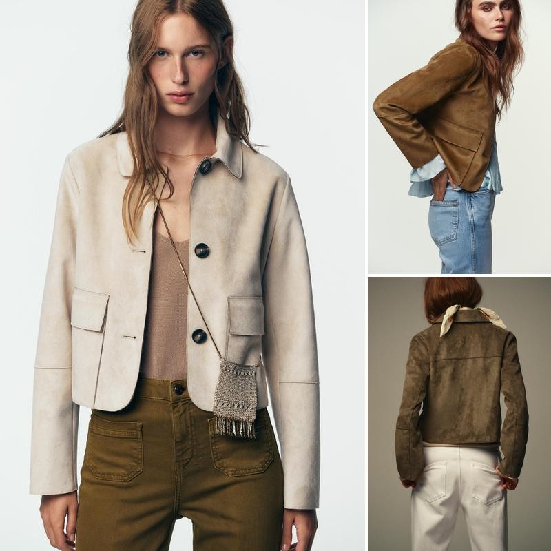 ZARA Áo Blazer Nữ Da Lộn Ve Áo Dài Tay Màu Trơn Mùa Thu 2025 4968224