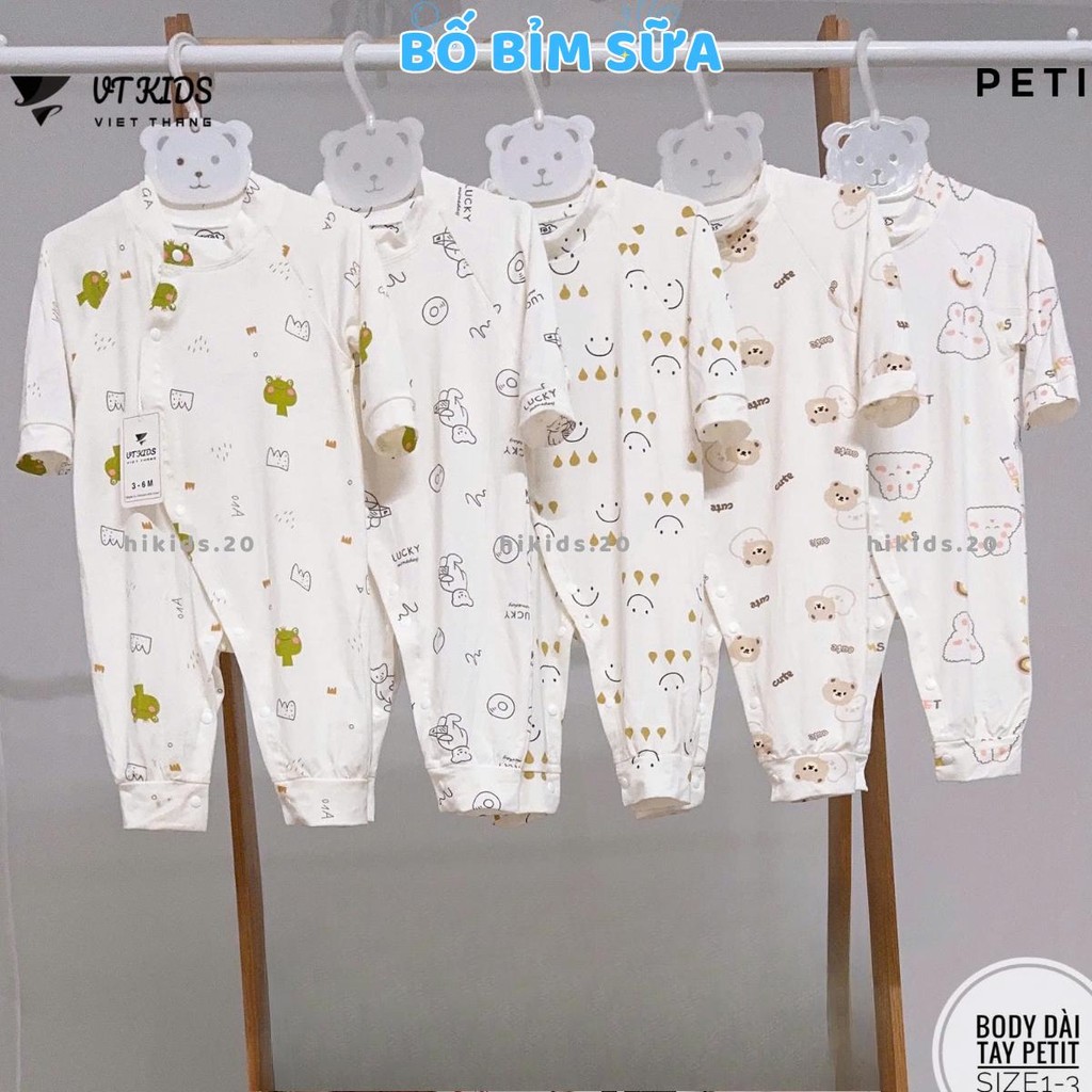 (Set 2-3) Bộ Body Thun Petit Dài Tay Trắng Phối VT Cúc Bấm Mềm Mịn Cho Bé Sơ Sinh 3-9kg VT-BD08 Hi k