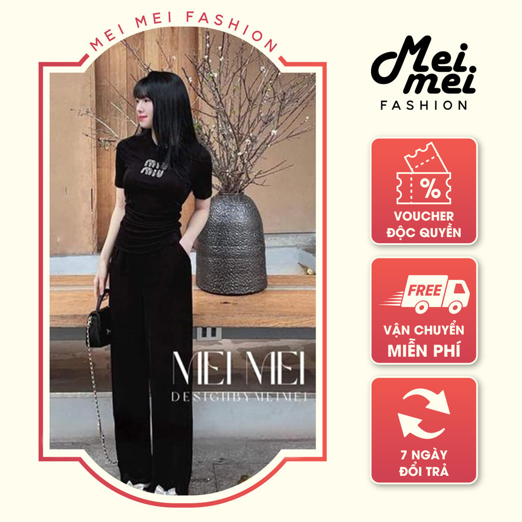 Set áo miu nhún quần suông cạp chun, set bộ nhún miu cực xinh chất nhẹ mát Mei Fashion ST12711