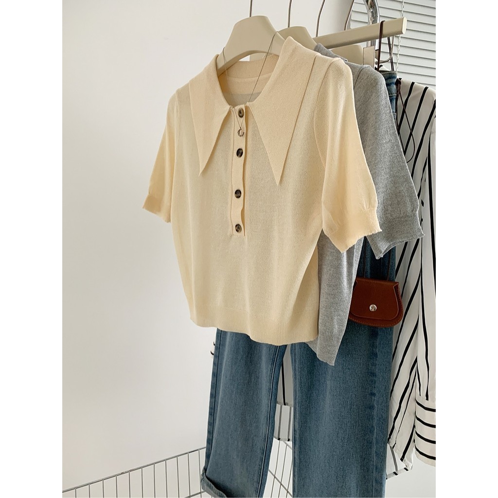 Áo dệt kim lụa sáng Màu Cổ Bẻ lớn chất lượng Balamy Tmall Douyin áo mặc trong tôn dáng gầy trẻ trung