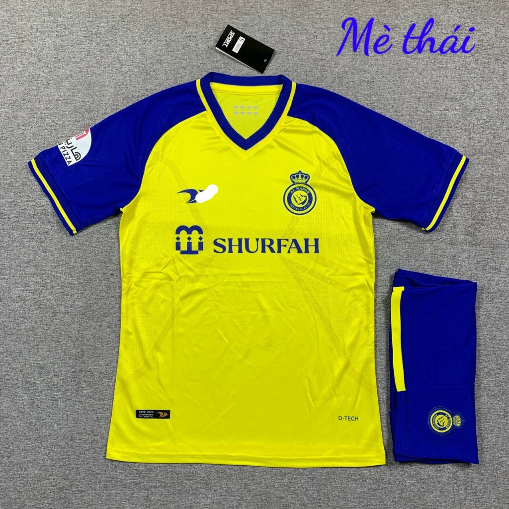 Bộ quần áo AL Nassr FC Màu Vàng Xanh Lam, Vải Mè FEX Thái, Bộ đồ đá banh Logo Thêu in cao cấp