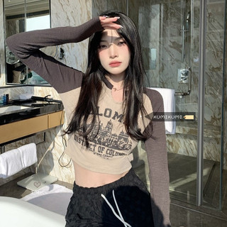 Ren Hot Girl Skinny American Ngắn Áo Thun Nữ Retro Cổ Tròn Slim-fit Thu Đông Niche In Hình Ôm Hơn Nhìn Top