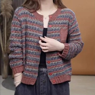 Retro Phong Cách Dân Tộc Sọc Cổ Tròn Dệt Kim Cardigan Nữ Xuân Thu Ngắn Nhỏ Lười Rời Áo Len Áo Khoác Nữ