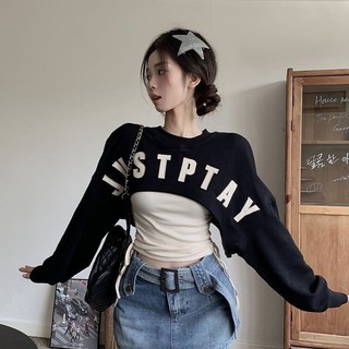  Chữ Đen Áo Chui Đầu Áo Nữ Xuân Thu Retro Nữ Crop Top Fashioon Dạo Phố Dài Tay Quá Khổ Áo 