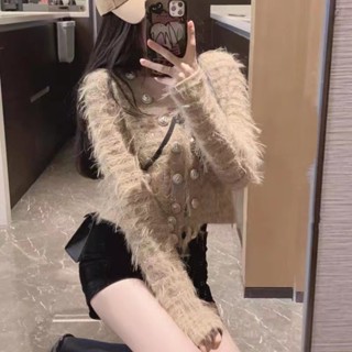 Áo khoác ngắn tua rua phong cách Xiaoxiang công nghiệp nặng Hàn Quốc Áo khoác thời trang dài tay vải tweed nổi tiếng trên mạng mẫu mới mùa thu đông áo khoác nữ kẻ sọc lông chồn CKWI
