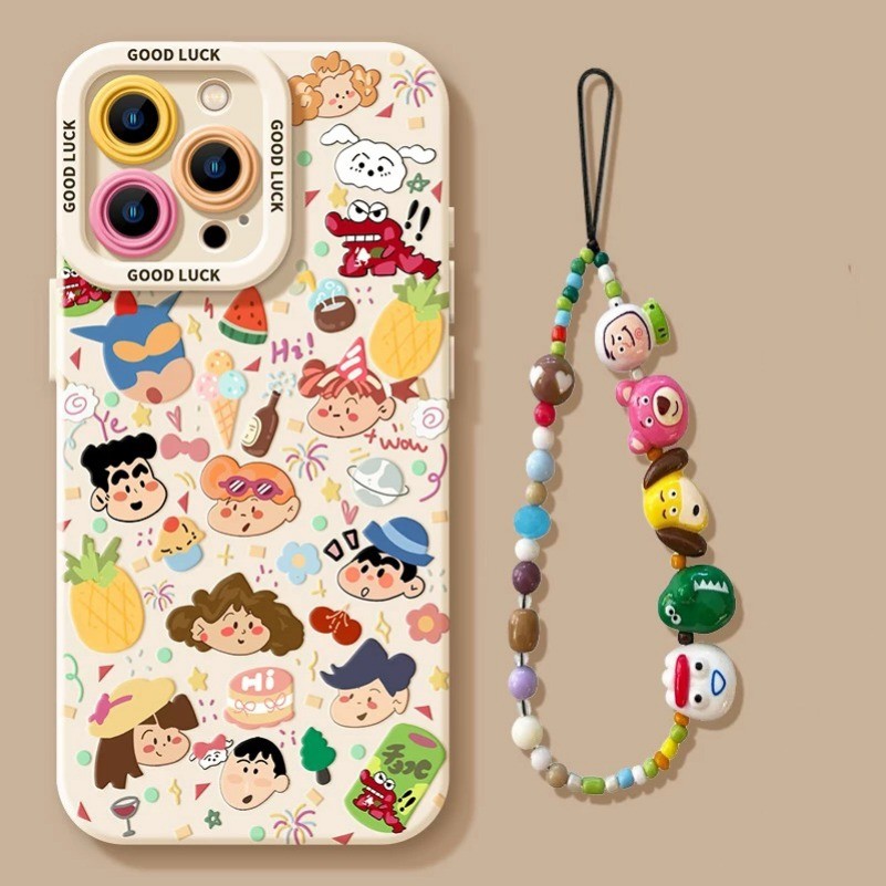 Ốp điện thoại iPhone 16 15 14 13 12 11 Pro Max X Xr Xs Max 7 8 Plus SE2020 Phim hoạt hình Gấu dâu + Dây buộc mặt sau mềm