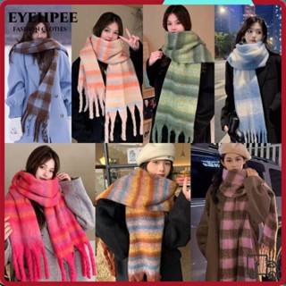 Khăn choàng Cashmere mùa đông, Khăn quàng cổ tua dài ấm áp họa tiết sọc, Khăn choàng dày Mohair kẻ sọc mềm mại quấn nữ
