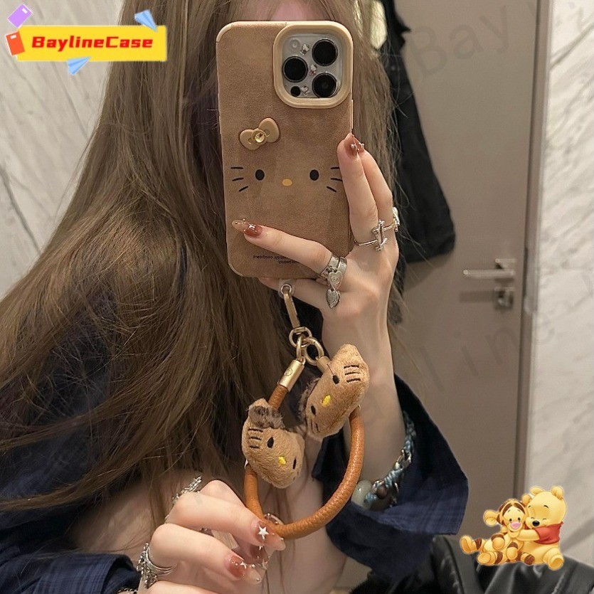 Ốp điện thoại mềm da cừu Ins 3D Bow + Dây Hello Kitty dễ thương Tương thích cho iPhone 16 15 14 13 12 11 Pro Max X Xr Xs Max 8 7 Plus SE2020 Vỏ bảo vệ chống sốc toàn diện