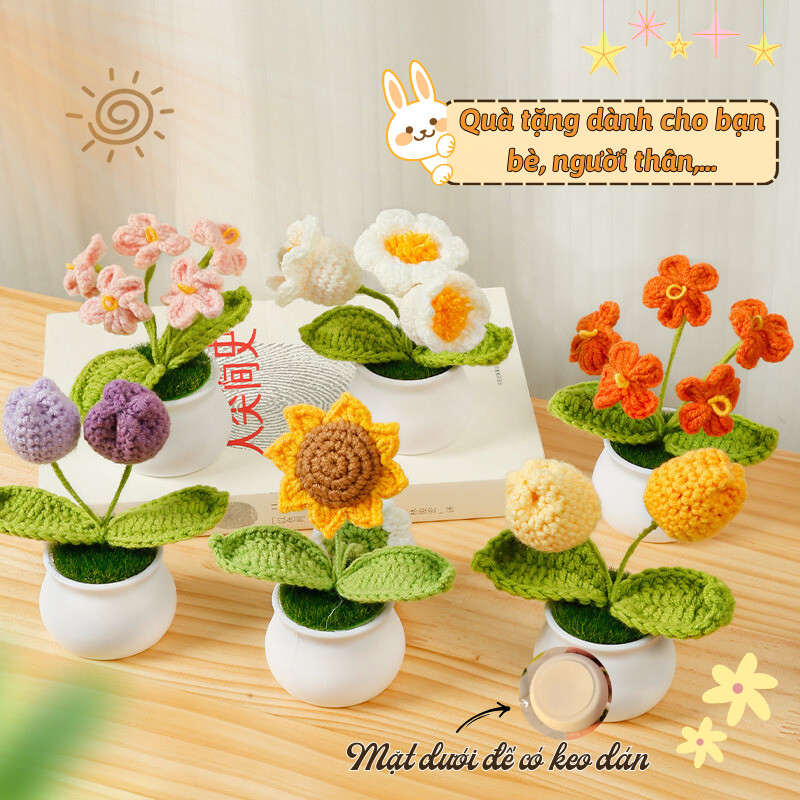 Hoa Giả Dệt Len Hướng Dương Joful Home Chậu Handmade Mini Đồ Trang Trí Bàn.










