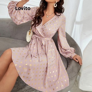 Đầm Lovito thắt lưng chấm bi phong cách thanh lịch cho nữ LNL59236