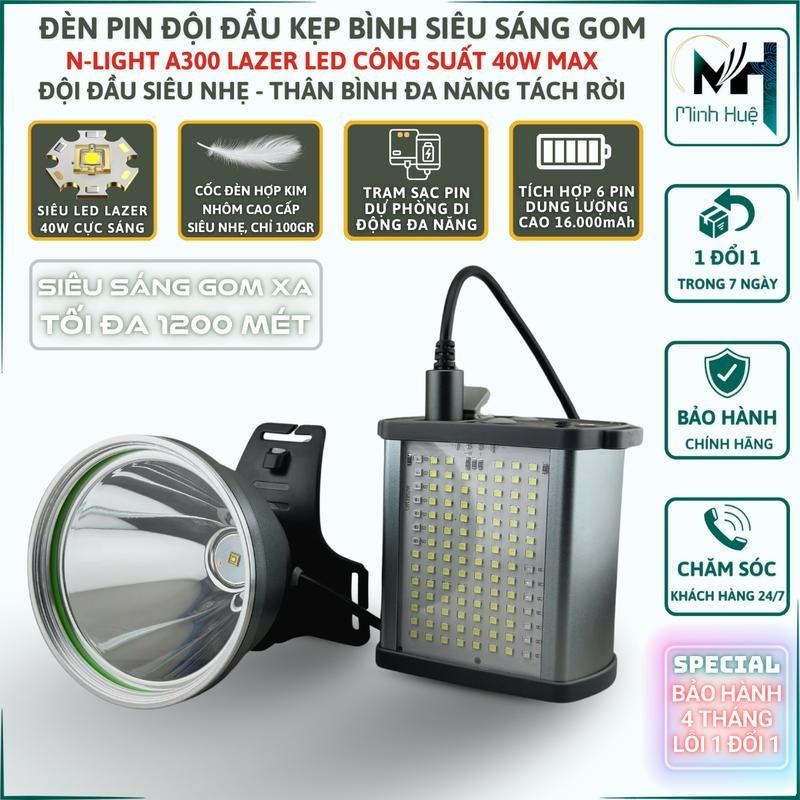Đèn pin đội đầu kẹp bình siêu sáng chiếu xa 1200 mét 2 kiểu sáng độc lập XJ A300 đèn kẹp bình ác quy