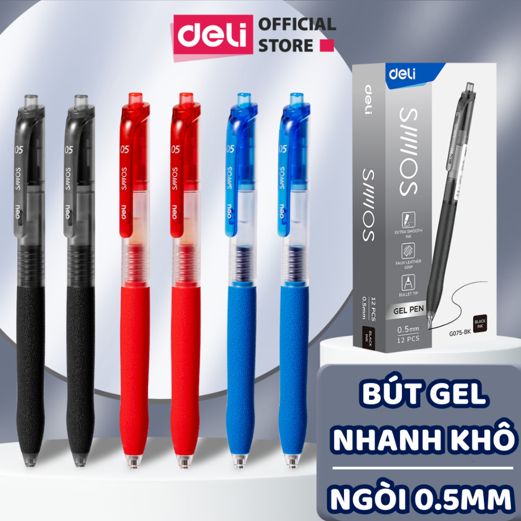 Bút Gel Bấm Giá Rẻ Deli Ngòi 0.5mm Bút Bi Nước Mực Xanh/Đen/Đỏ Deli Cho Văn Phòng Học Sinh Mực Đều Chữ Đẹp