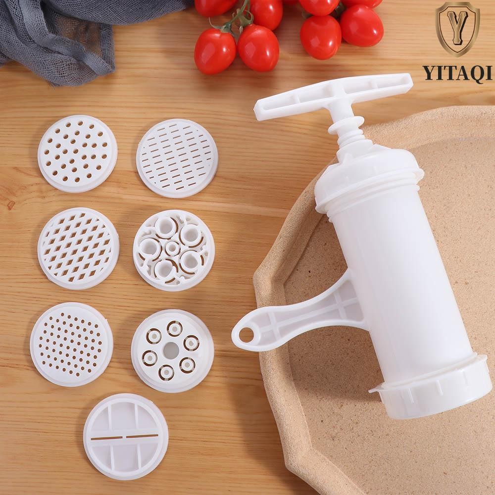 Máy ép mì YITAQI, Máy làm mì ống bằng tay màu trắng, Tiện ích nhà bếp Nhựa với 7 khuôn in khác nhau Dụng cụ Spaghetti Nhà hàng