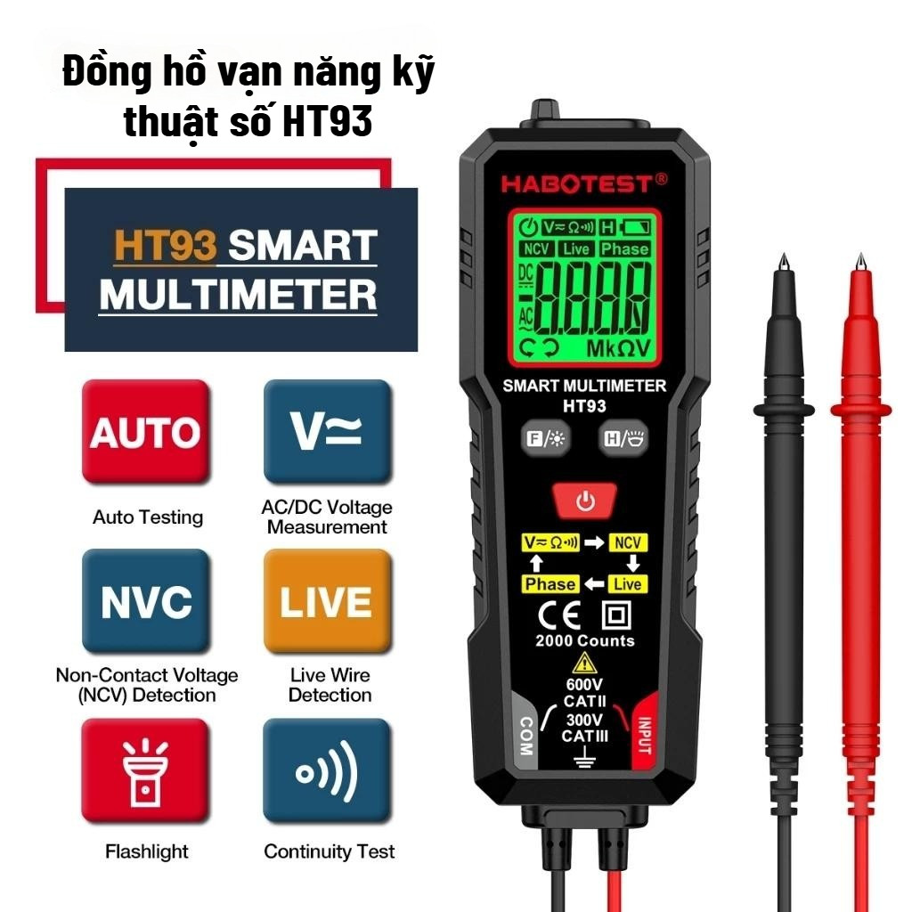 HT93 Máy đo điện áp vạn năng kỹ thuật số thông minh 2000 Máy đo điện áp đếm NCV