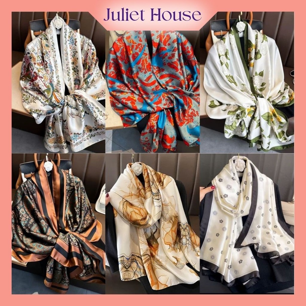 Khăn Choàng Lụa, Khăn Lụa Satin Bản Rộng 180x90cm Họa Tiết Thanh Lịch Sang Trọng JULIET HOUSE