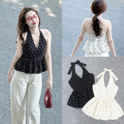 Áo Yếm Bigsize Nữ Nhún Chun Lưng Họa Tiết Chấm Bi Dễ Thương Form Peplum Tôn Dáng (55-90kg) A193