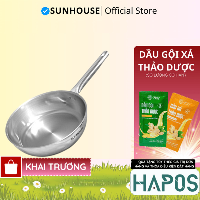 Chảo inox 304 đa lớp Sunhouse IN20M6 - IN24M6 - IN26M6 20-24-26cm dùng với mọi loại bếp - HAPOS OFFI