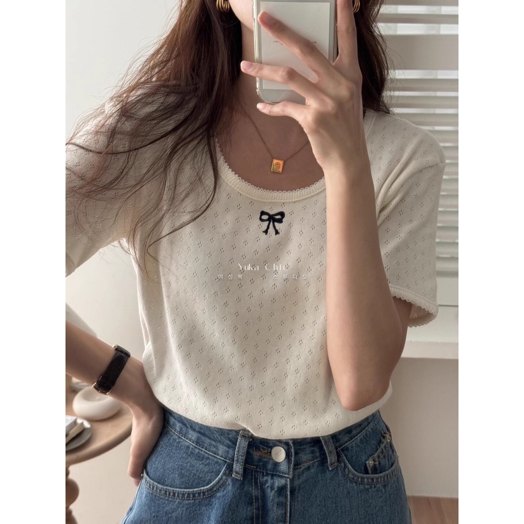 Mùa Xuân/Hè 2025 - Áo Thun Nữ Tay Ngắn Ren Thêu, Phong Cách Nhẹ Nhàng, Size 1XL