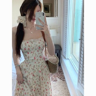 Váy Liền Hai Dây Hoa Nhỏ Kiểu Pháp Trang Phục Nữ Váy Dài Thắt Eo Thon Gọn Ôm Dáng Mẫu Mới Mùa Hè