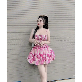 Đầm Váy Hai Dây Dáng Bí Chất Lụa Nhún Mocking In Hoa Siêu Xinh 4G190110